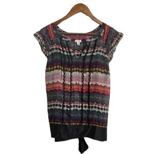 Anthropologie Odille Womens Blue 100% Silk Lace Pattern Tie Bow Back Blouse Sz 6